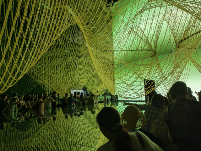 2025年大阪万博 日本館の主要展示、CO2を吸収して成長する「藻のカーテン」の幻想的な風景